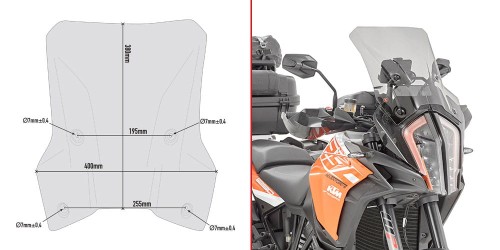 Szyba przyciemniana GIVI D7706S - widok na szybę od przodu oraz na wymiary